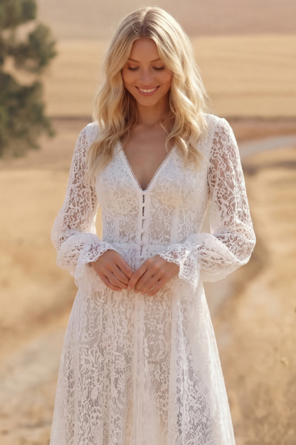 White Boho Dress A-Line V-Neck Long Sleeve Lace Maxi Dress