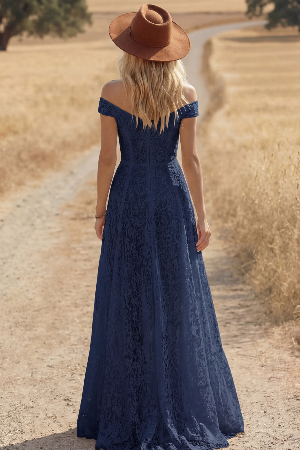 Navy Boho Dress A-Line Off the Shoulder Lace Maxi Dress with Slit