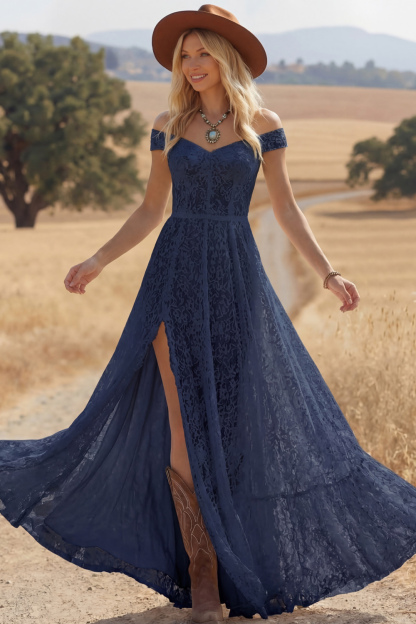 Navy Boho Dress A-Line Off the Shoulder Lace Maxi Dress with Slit