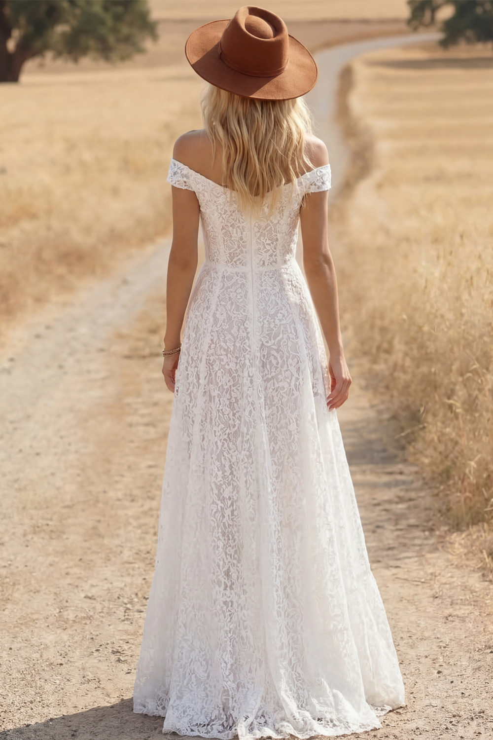 Navy Boho Dress A-Line Off the Shoulder Lace Maxi Dress with Slit