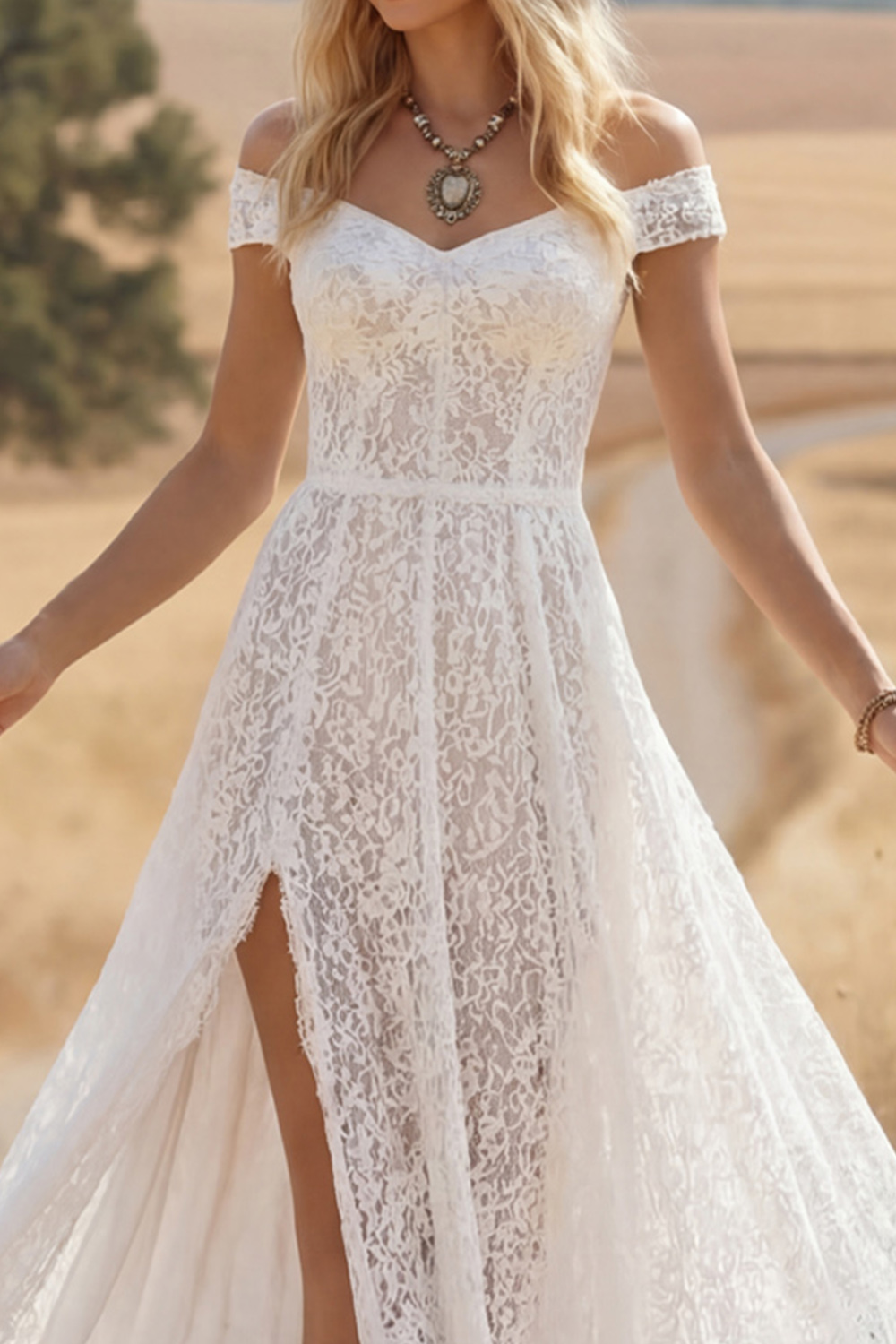 Navy Boho Dress A-Line Off the Shoulder Lace Maxi Dress with Slit