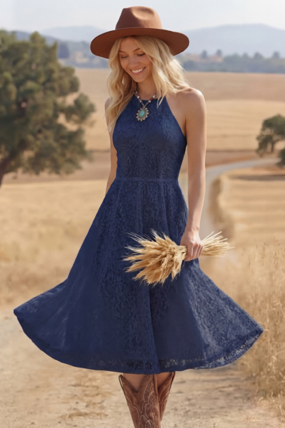 White Bohemian Dress A-Line Halter Lace Midi Dress