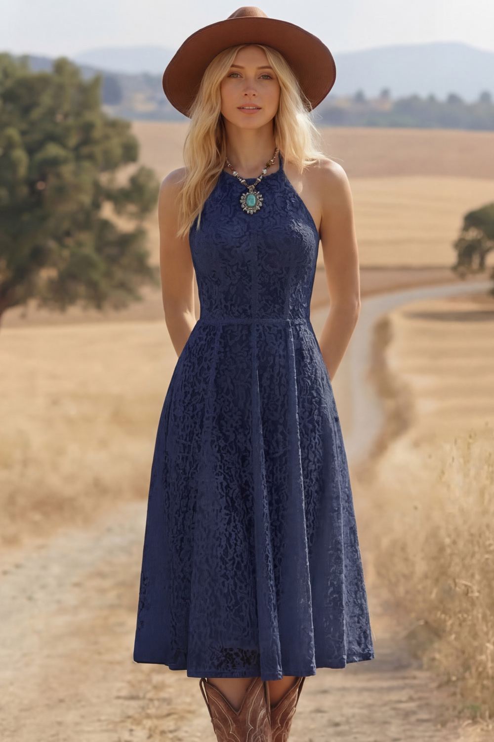 White Bohemian Dress A-Line Halter Lace Midi Dress