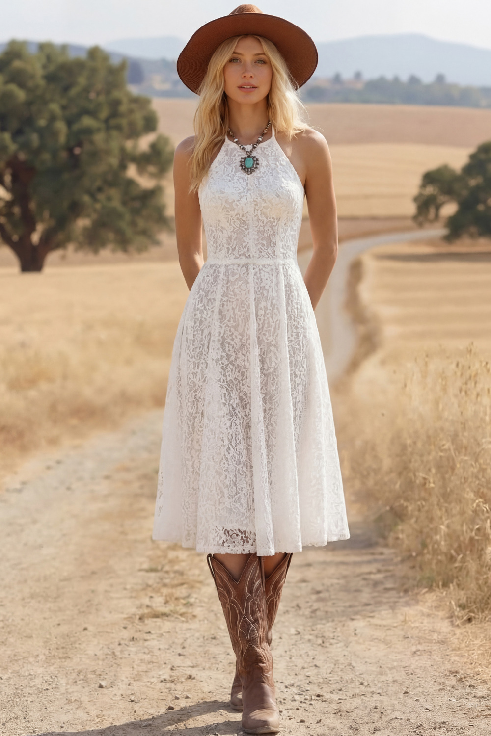 White Bohemian Dress A-Line Halter Lace Midi Dress