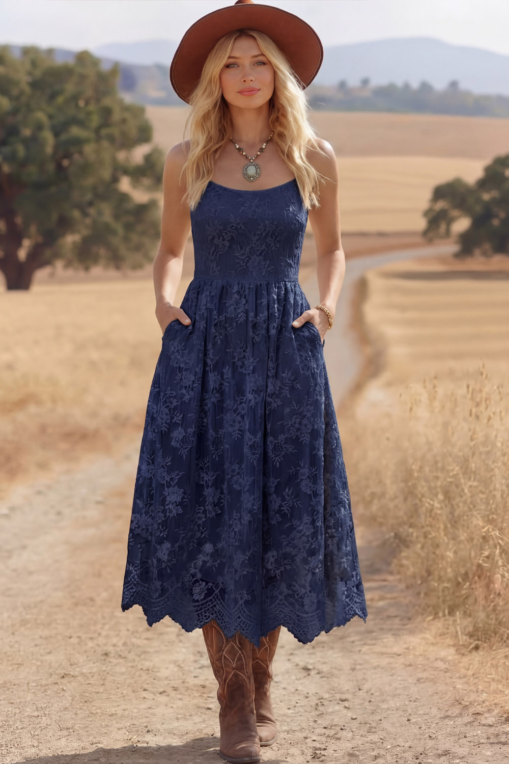 White Boho Dress A-Line Spaghetti Straps Lace Midi Dress