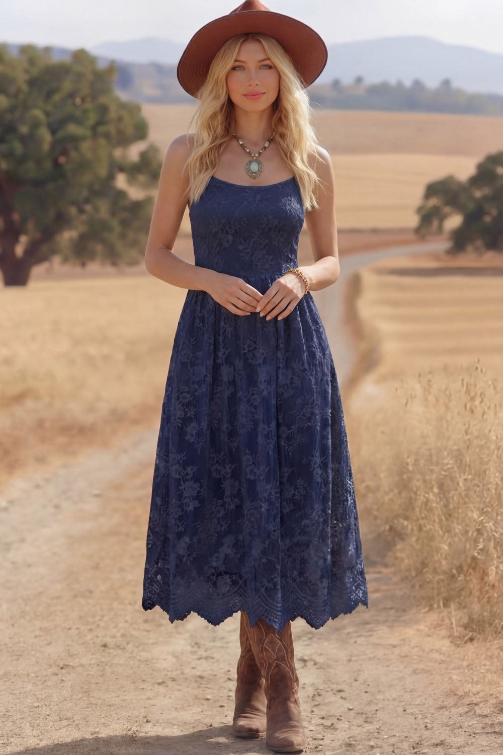 White Boho Dress A-Line Spaghetti Straps Lace Midi Dress