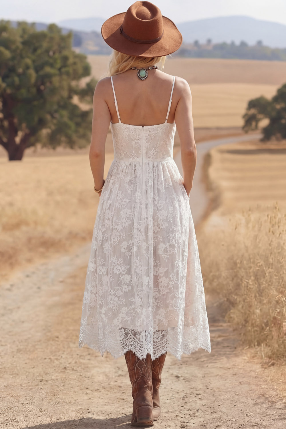White Boho Dress A-Line Spaghetti Straps Lace Midi Dress