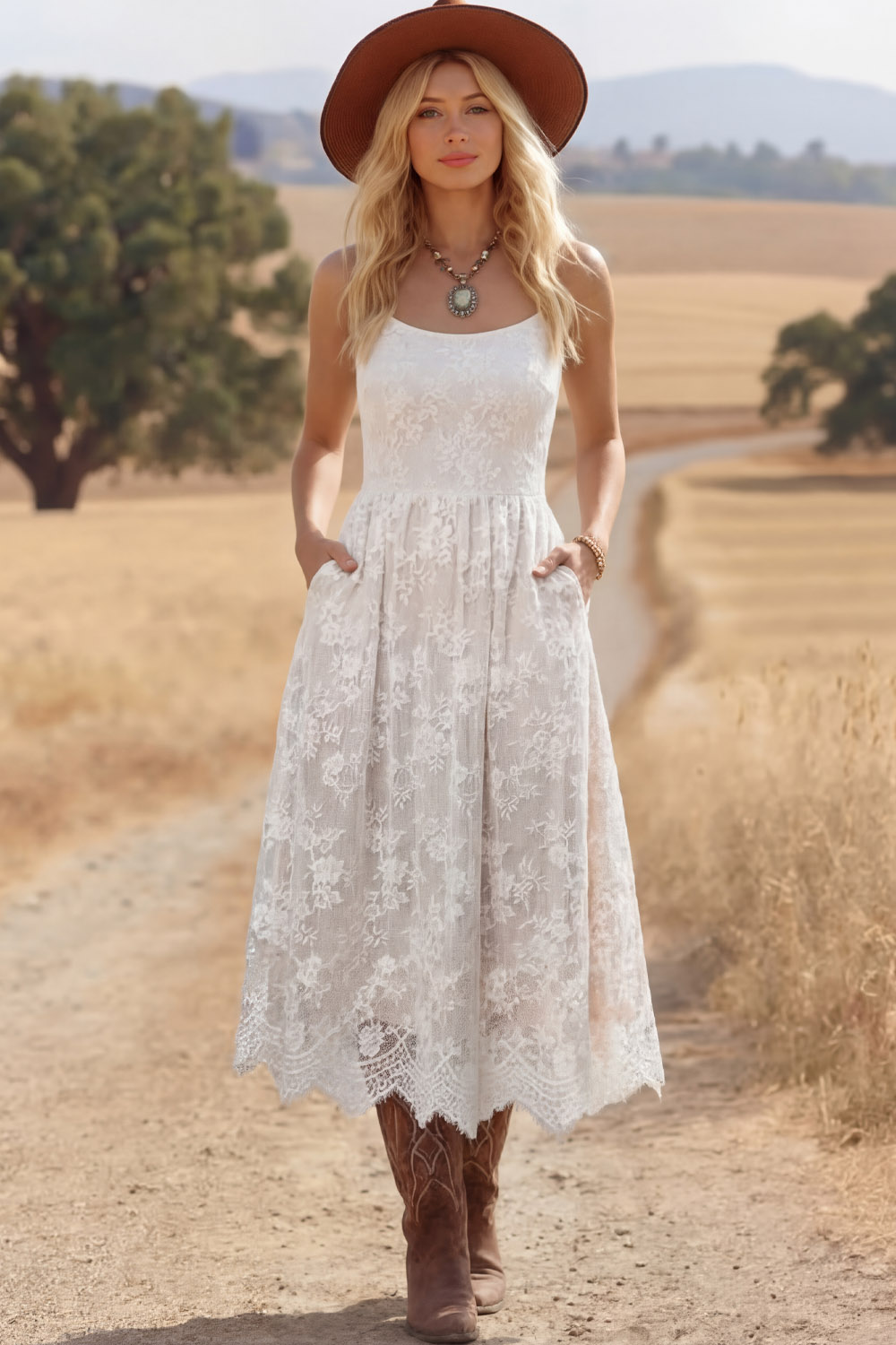 White Boho Dress A-Line Spaghetti Straps Lace Midi Dress