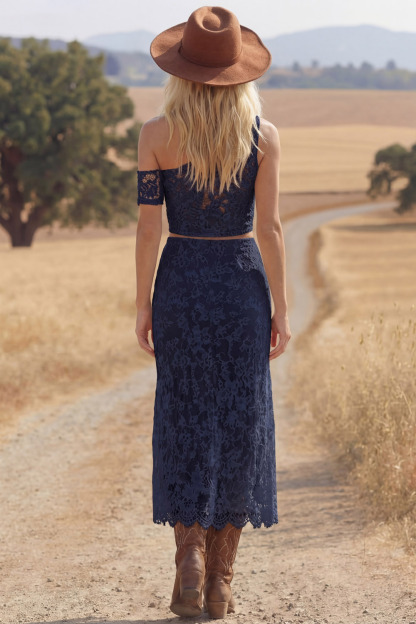 White Boho Set Sheath Off the Shoulder Lace Midi Skirt Two-Piece Set