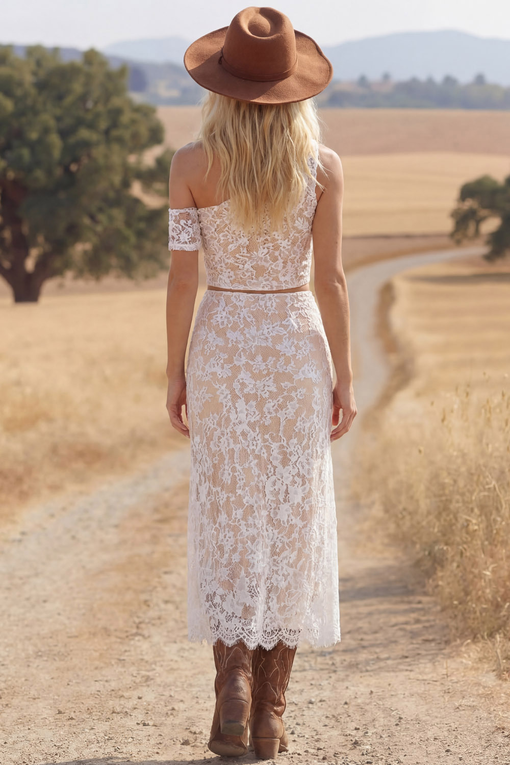 White Boho Set Sheath Off the Shoulder Lace Midi Skirt Two-Piece Set