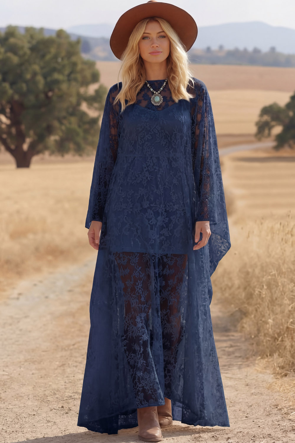 White Boho Dress A-Line Crew Neck Long Sleeve Lace Maxi Dress