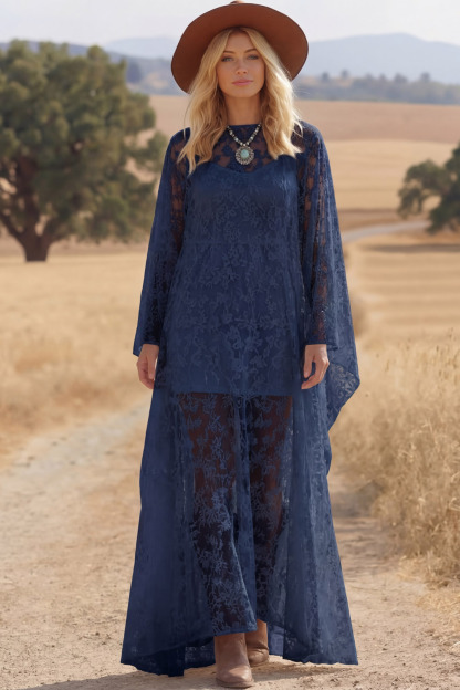 White Boho Dress A-Line Crew Neck Long Sleeve Lace Maxi Dress