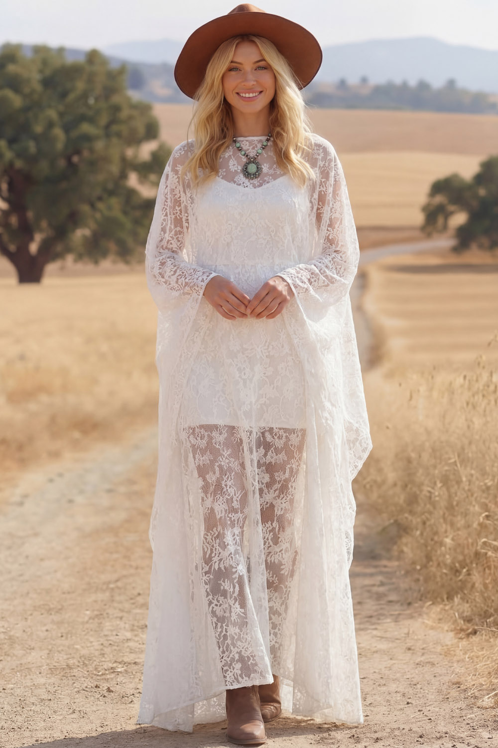 White Boho Dress A-Line Crew Neck Long Sleeve Lace Maxi Dress