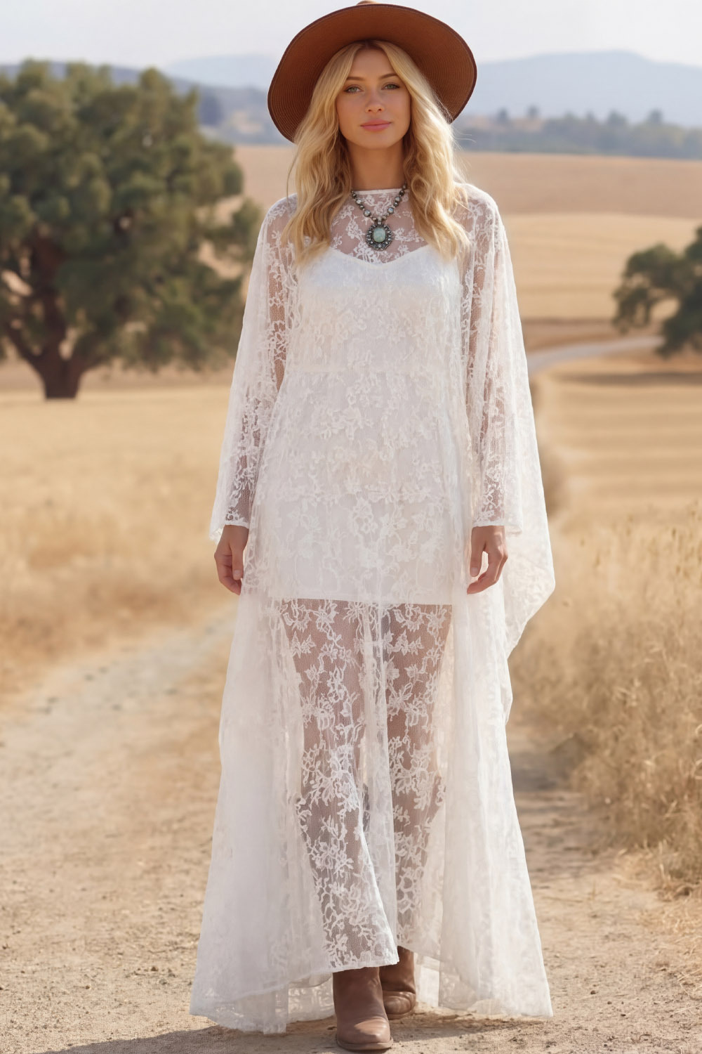 White Boho Dress A-Line Crew Neck Long Sleeve Lace Maxi Dress