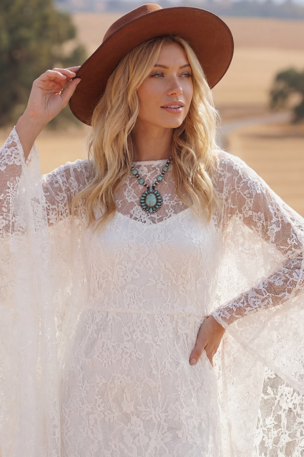 White Boho Dress A-Line Crew Neck Long Sleeve Lace Maxi Dress