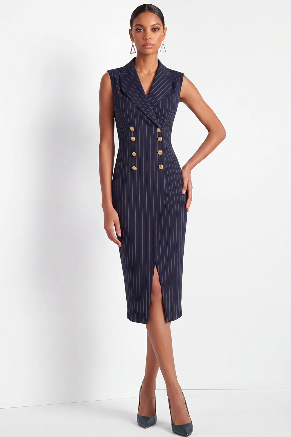 Navy Work Business Blazer Dress Bodycon Lapel Sleeveless Midi Dress