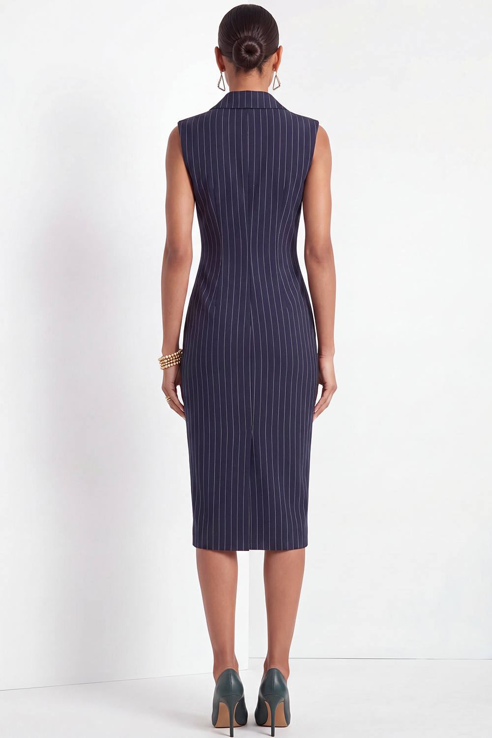 Navy Work Business Blazer Dress Bodycon Lapel Sleeveless Midi Dress