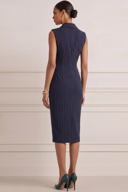Navy Work Business Blazer Dress Bodycon Lapel Sleeveless Midi Dress