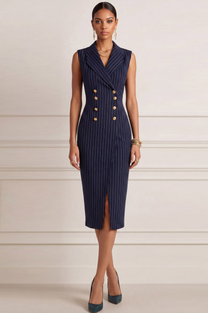 Navy Work Business Blazer Dress Bodycon Lapel Sleeveless Midi Dress