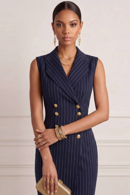Navy Work Business Blazer Dress Bodycon Lapel Sleeveless Midi Dress