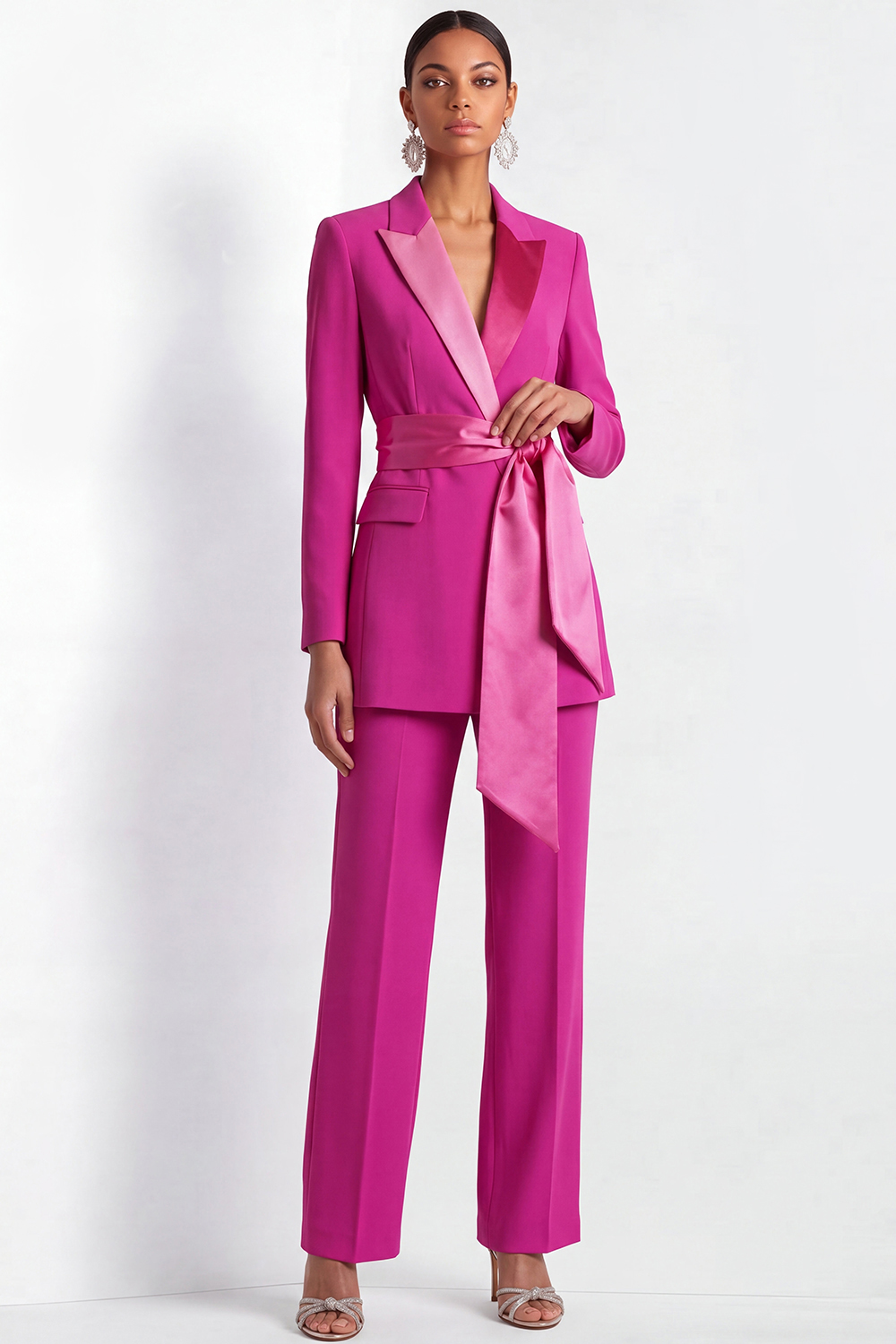Fuchsia Work Formal Pants Suit Lapel Long Sleeve Belted Blazer Set
