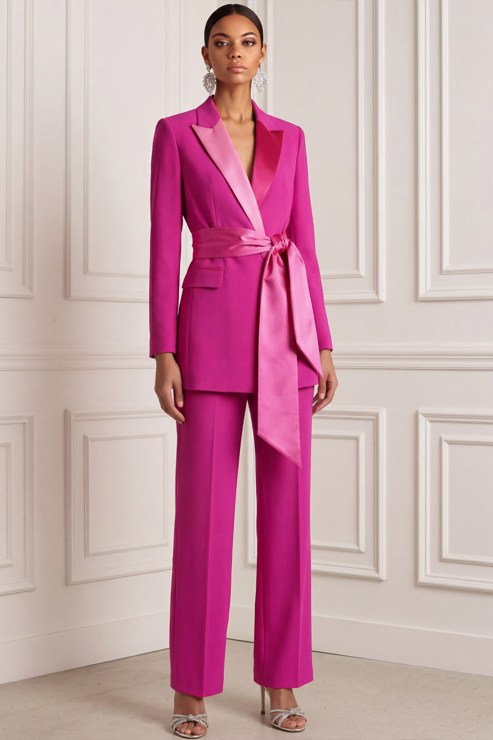 Fuchsia Work Formal Pants Suit Lapel Long Sleeve Belted Blazer Set