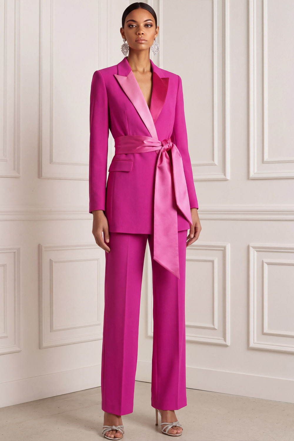 Fuchsia Work Formal Pants Suit Lapel Long Sleeve Belted Blazer Set