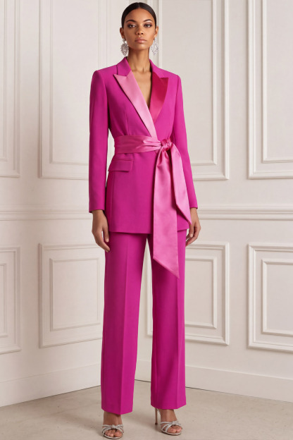 Fuchsia Work Formal Pants Suit Lapel Long Sleeve Belted Blazer Set