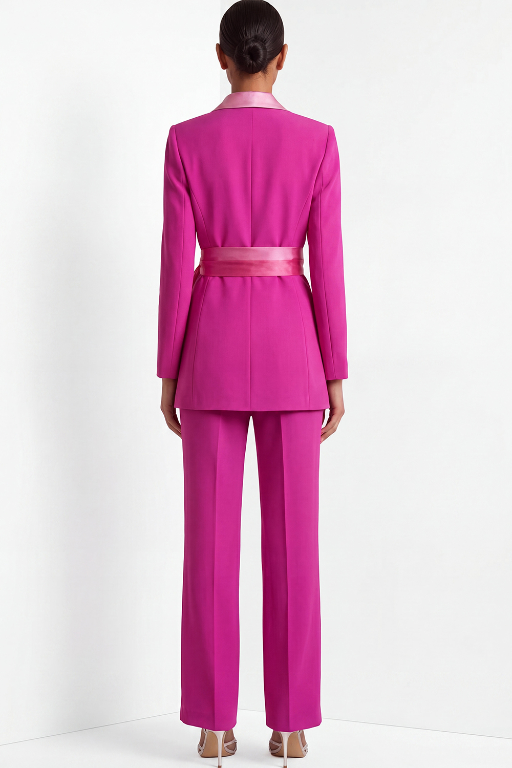 Fuchsia Work Formal Pants Suit Lapel Long Sleeve Belted Blazer Set
