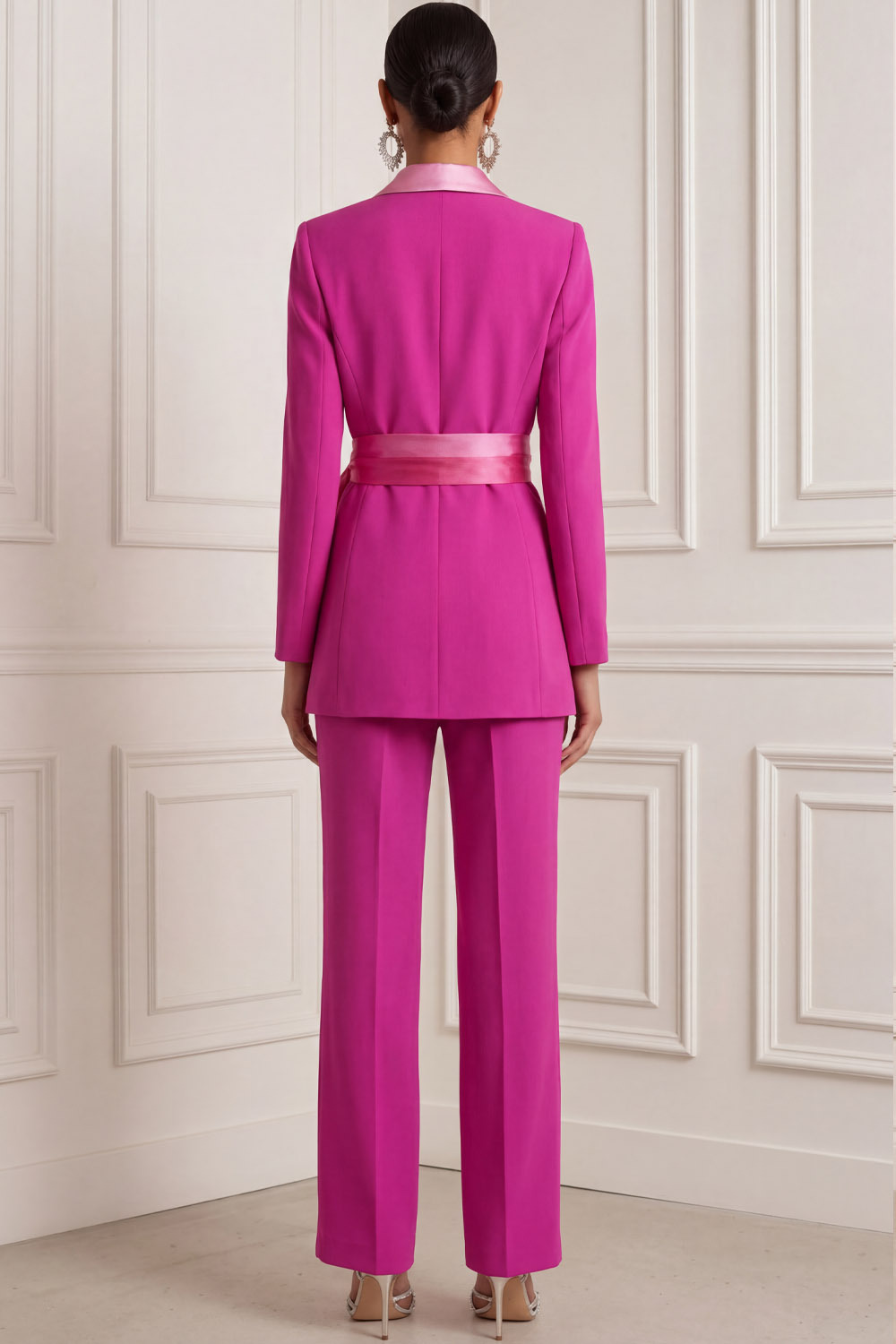 Fuchsia Work Formal Pants Suit Lapel Long Sleeve Belted Blazer Set