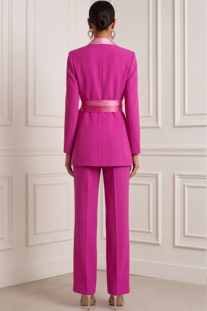 Fuchsia Work Formal Pants Suit Lapel Long Sleeve Belted Blazer Set