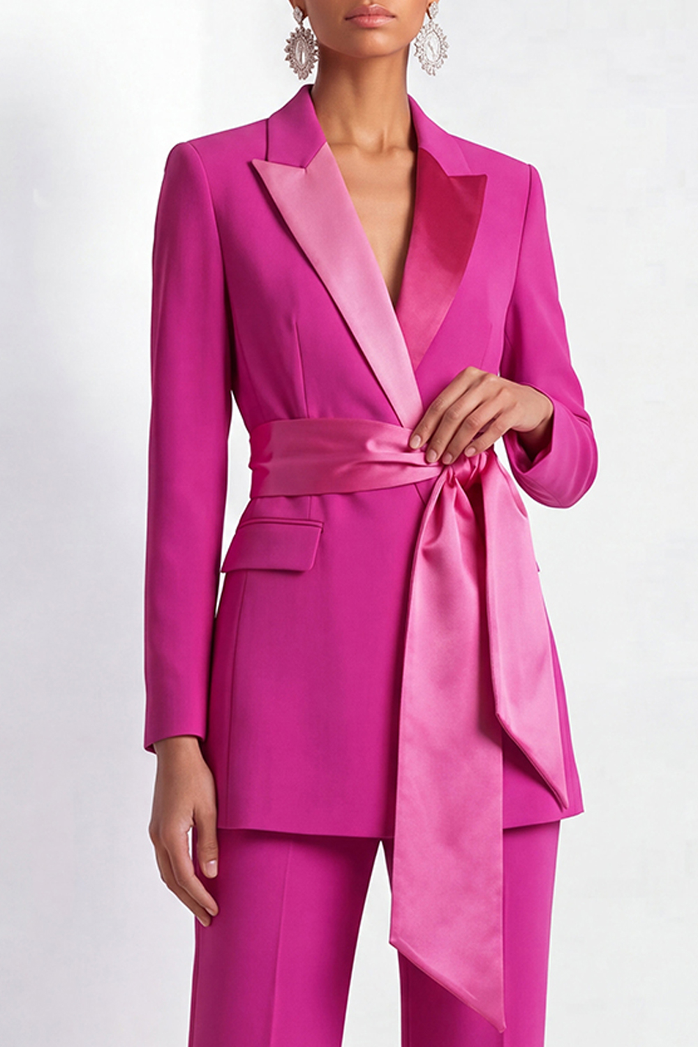 Fuchsia Work Formal Pants Suit Lapel Long Sleeve Belted Blazer Set