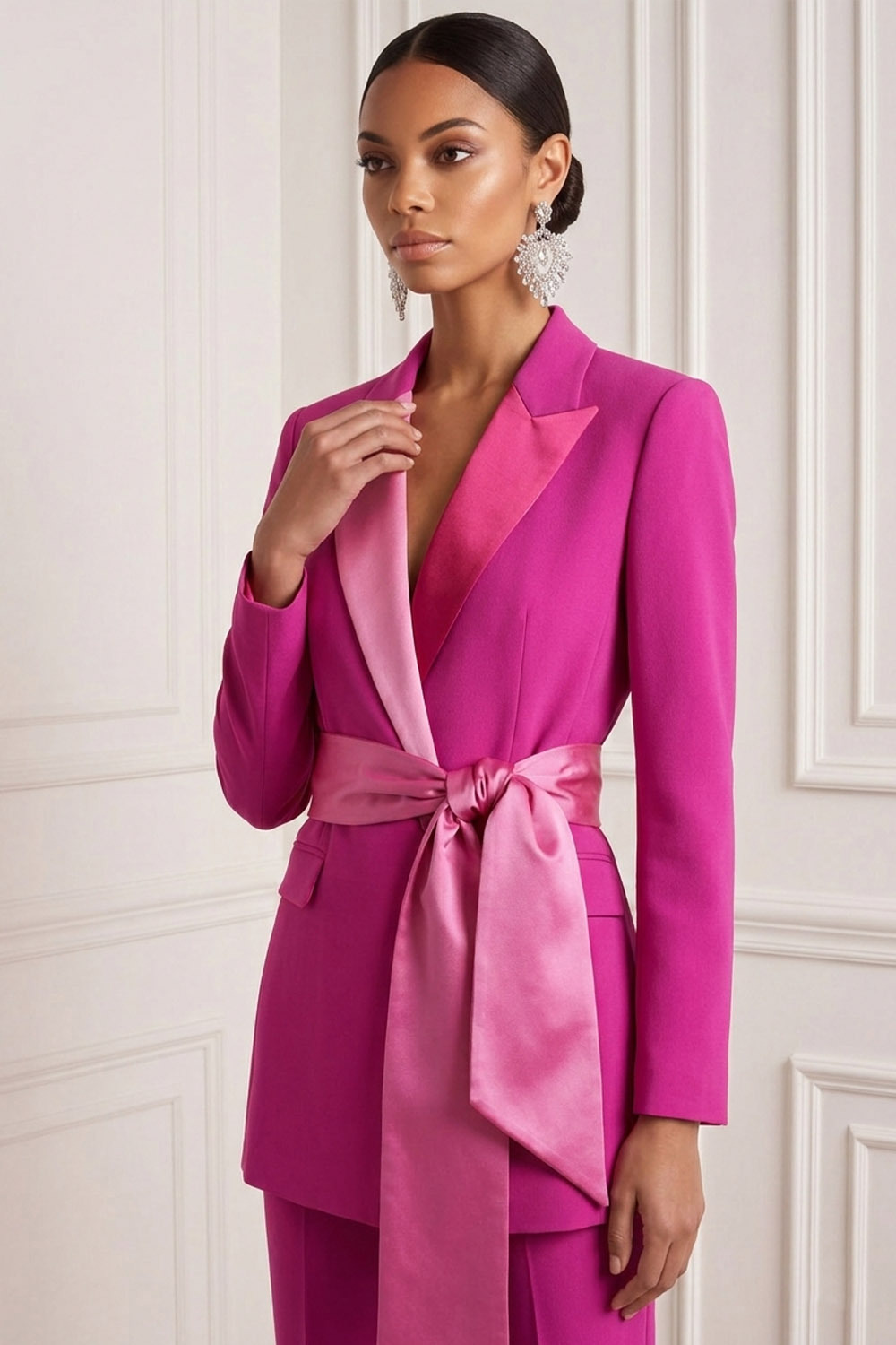 Fuchsia Work Formal Pants Suit Lapel Long Sleeve Belted Blazer Set