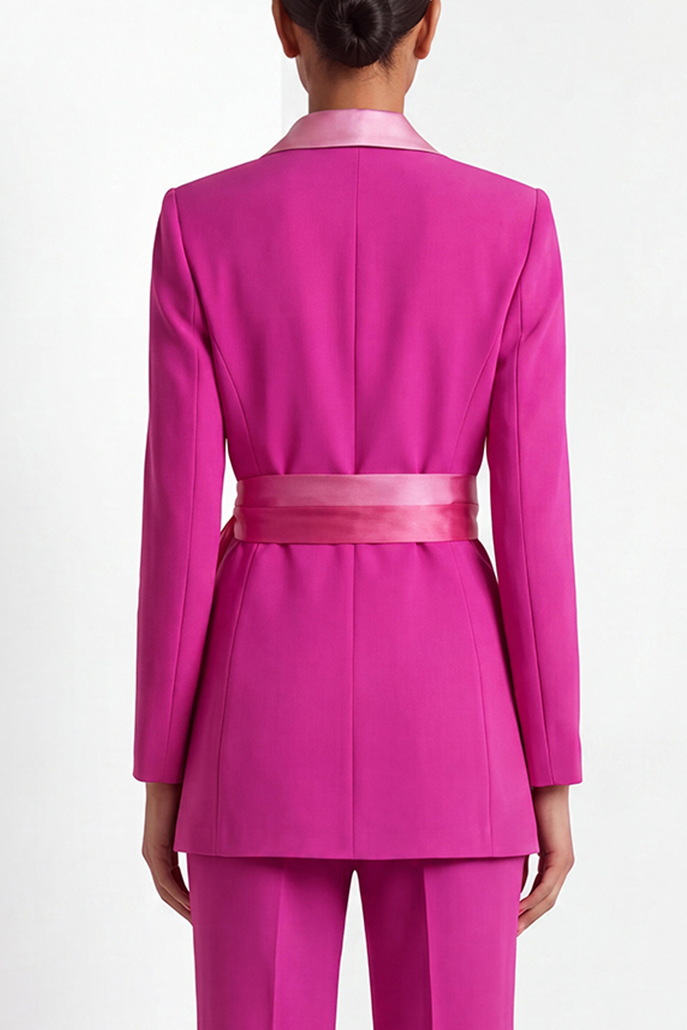 Fuchsia Work Formal Pants Suit Lapel Long Sleeve Belted Blazer Set