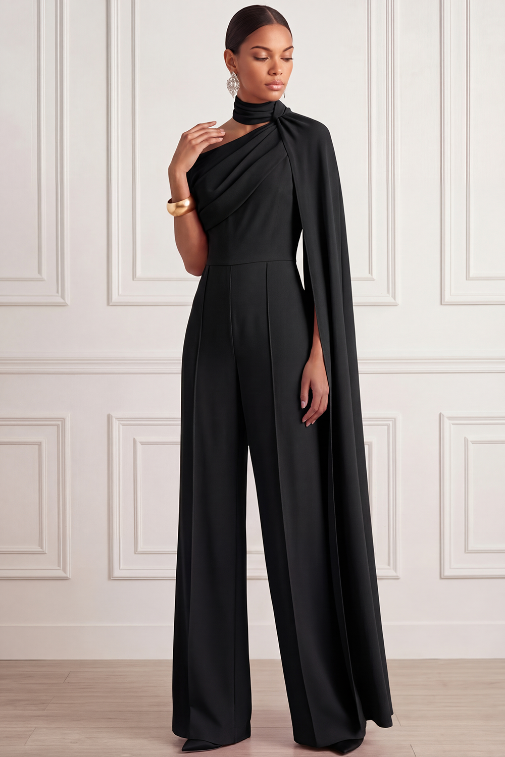 Fuchsia Formal Jumpsuit One Shoulder Chiffon Jumpsuit with Cape