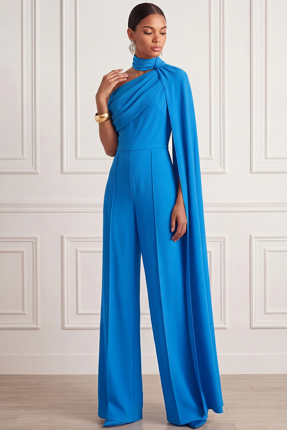 Fuchsia Formal Jumpsuit One Shoulder Chiffon Jumpsuit with Cape