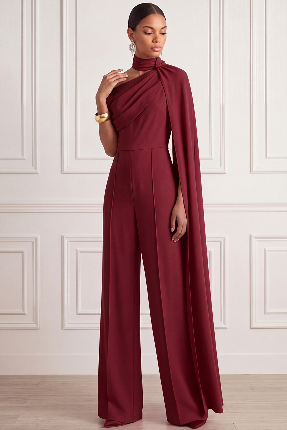 Fuchsia Formal Jumpsuit One Shoulder Chiffon Jumpsuit with Cape