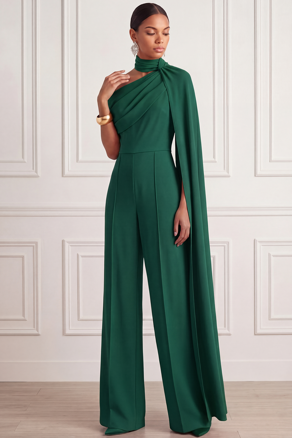 Fuchsia Formal Jumpsuit One Shoulder Chiffon Jumpsuit with Cape