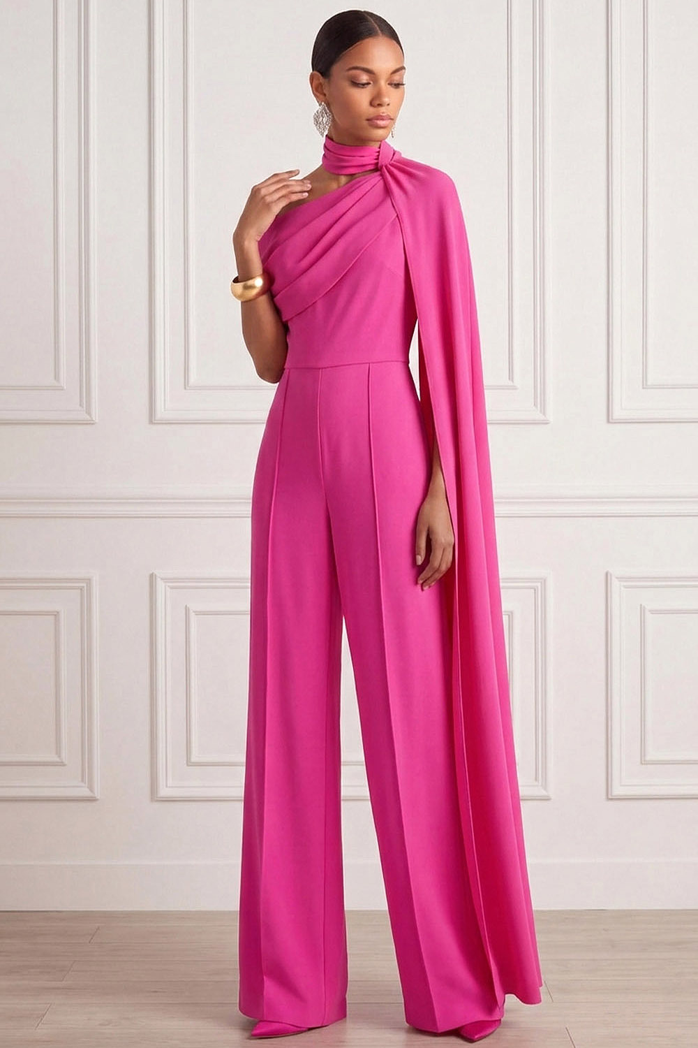 Fuchsia Formal Jumpsuit One Shoulder Chiffon Jumpsuit with Cape