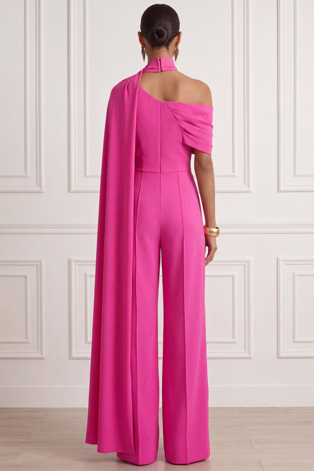 Fuchsia Formal Jumpsuit One Shoulder Chiffon Jumpsuit with Cape