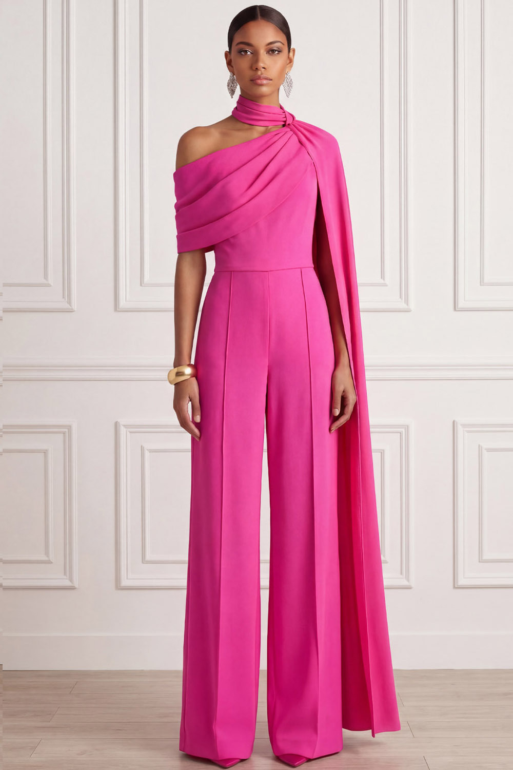 Fuchsia Formal Jumpsuit One Shoulder Chiffon Jumpsuit with Cape