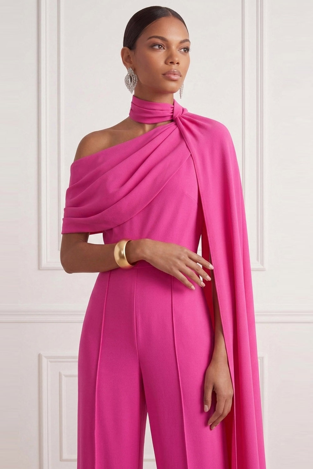Fuchsia Formal Jumpsuit One Shoulder Chiffon Jumpsuit with Cape
