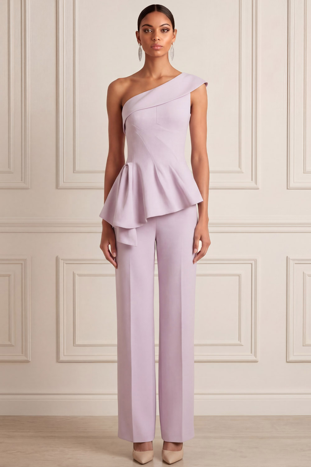 Lilac Formal Jumpsuit One Shoulder Jumpsuit with Ruffle-chiclody