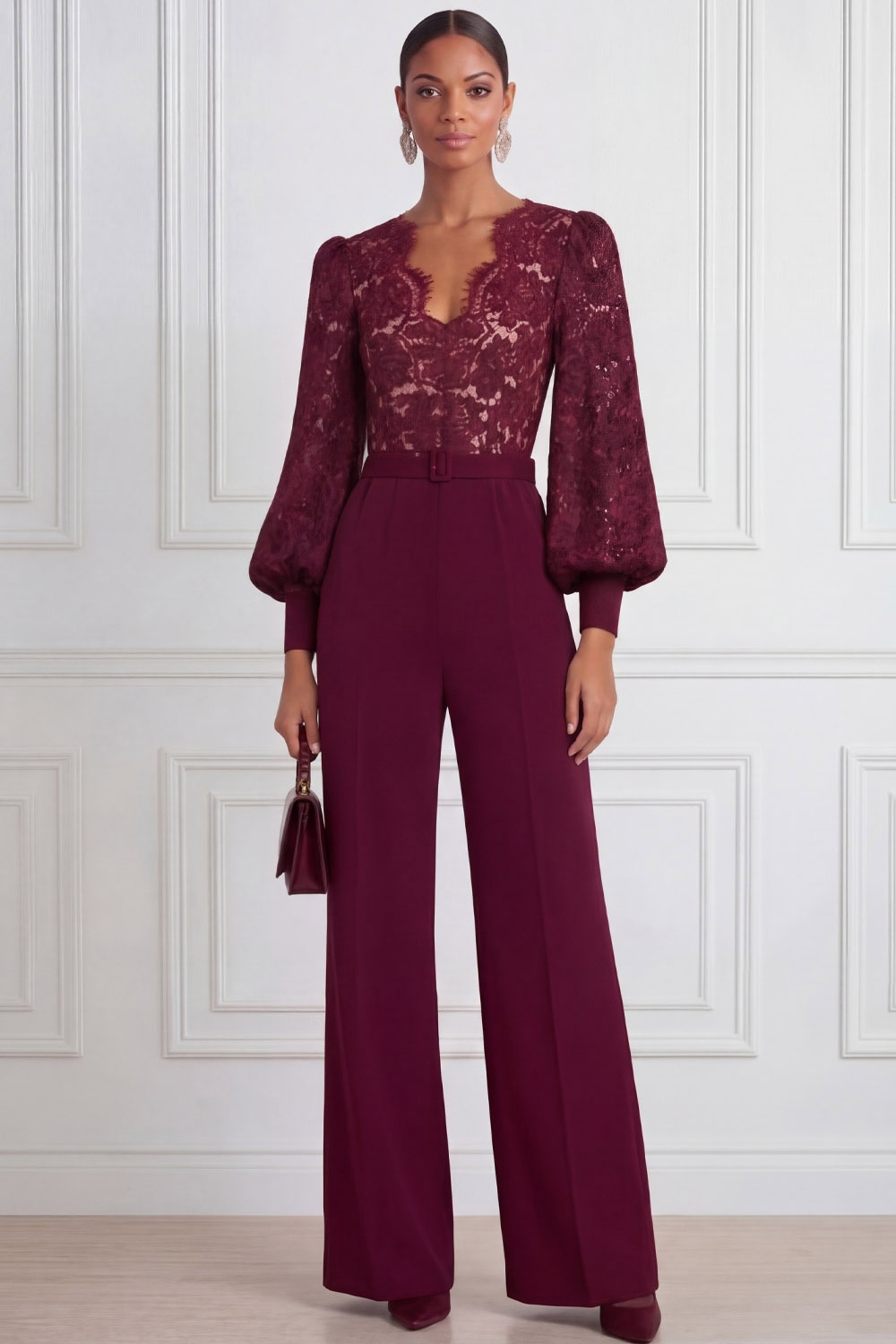 Burgundy Formal Jumpsuit V-Neck Long Sleeve Lace Jumpsuit
