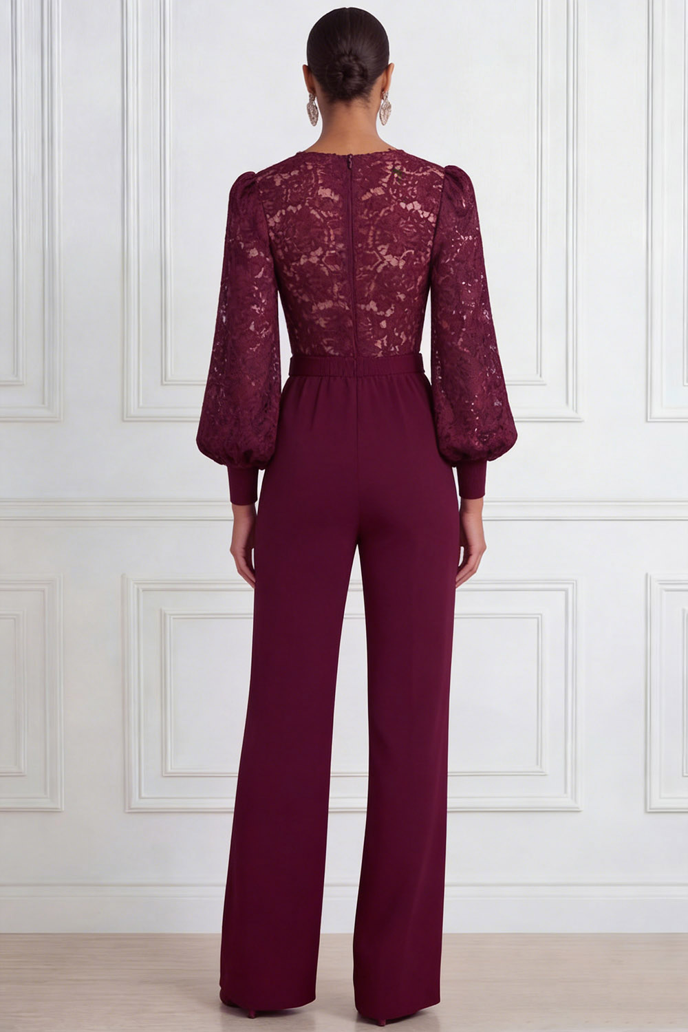 Burgundy Formal Jumpsuit V-Neck Long Sleeve Lace Jumpsuit 