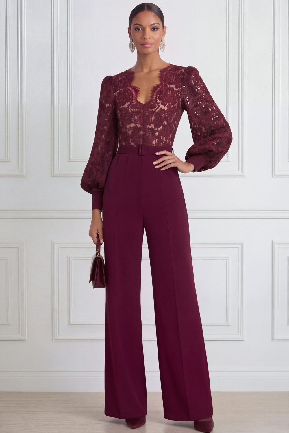 Burgundy Formal Jumpsuit V-Neck Long Sleeve Lace Jumpsuit 