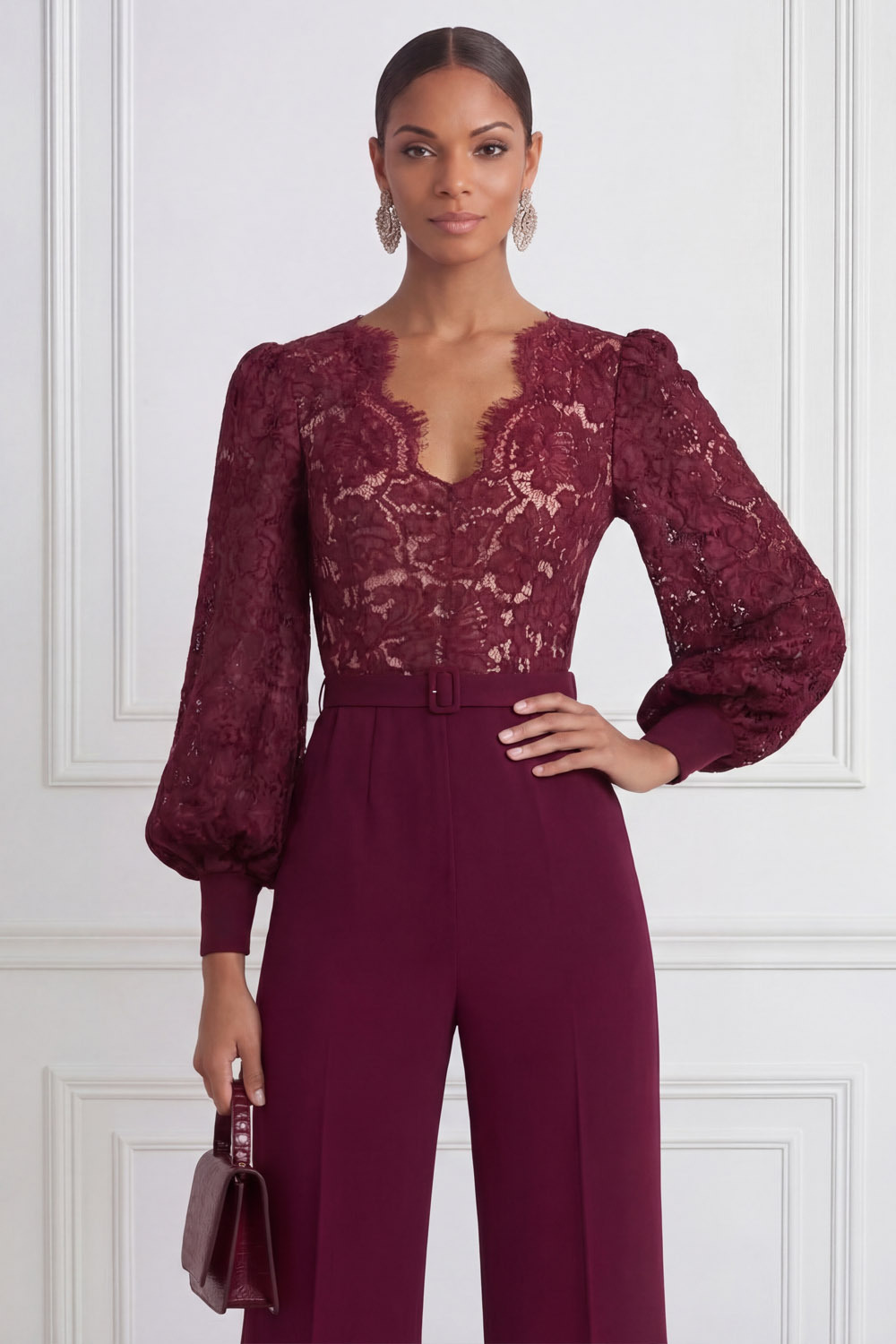 Burgundy Formal Jumpsuit V-Neck Long Sleeve Lace Jumpsuit 