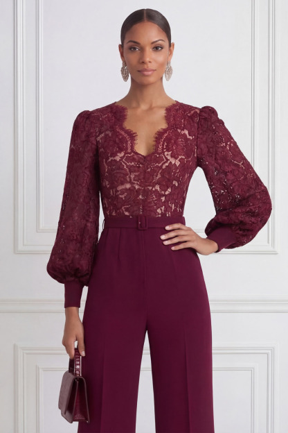Burgundy Formal Jumpsuit V-Neck Long Sleeve Lace Jumpsuit 