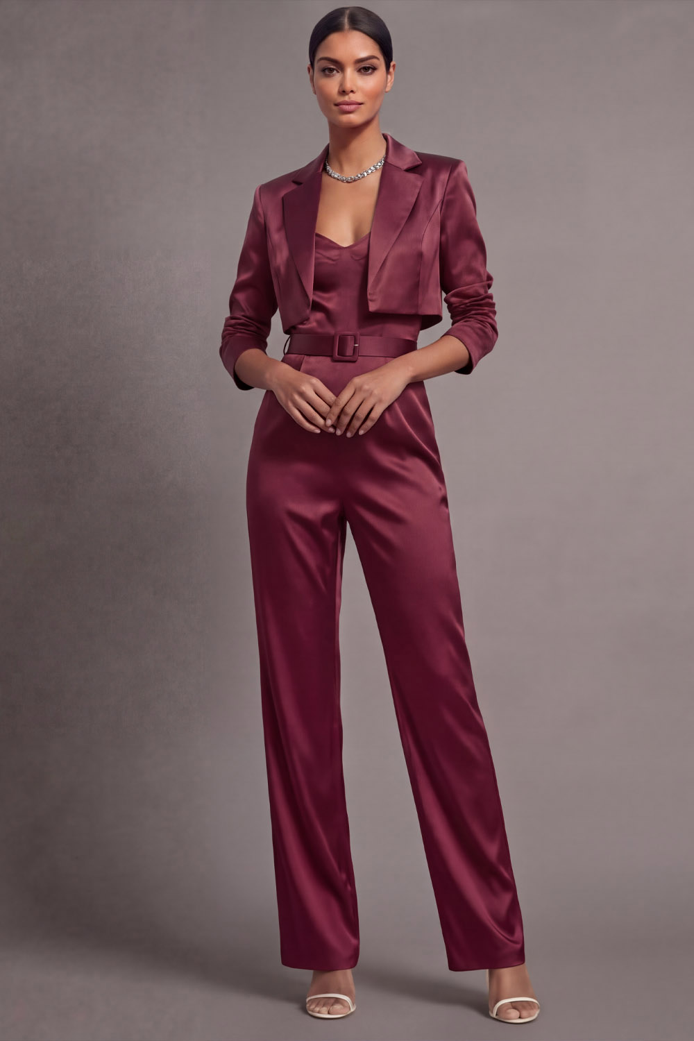 Burgundy Party Blazer Suit Sets Lapel Long Sleeve Jumpsuit Pants Set