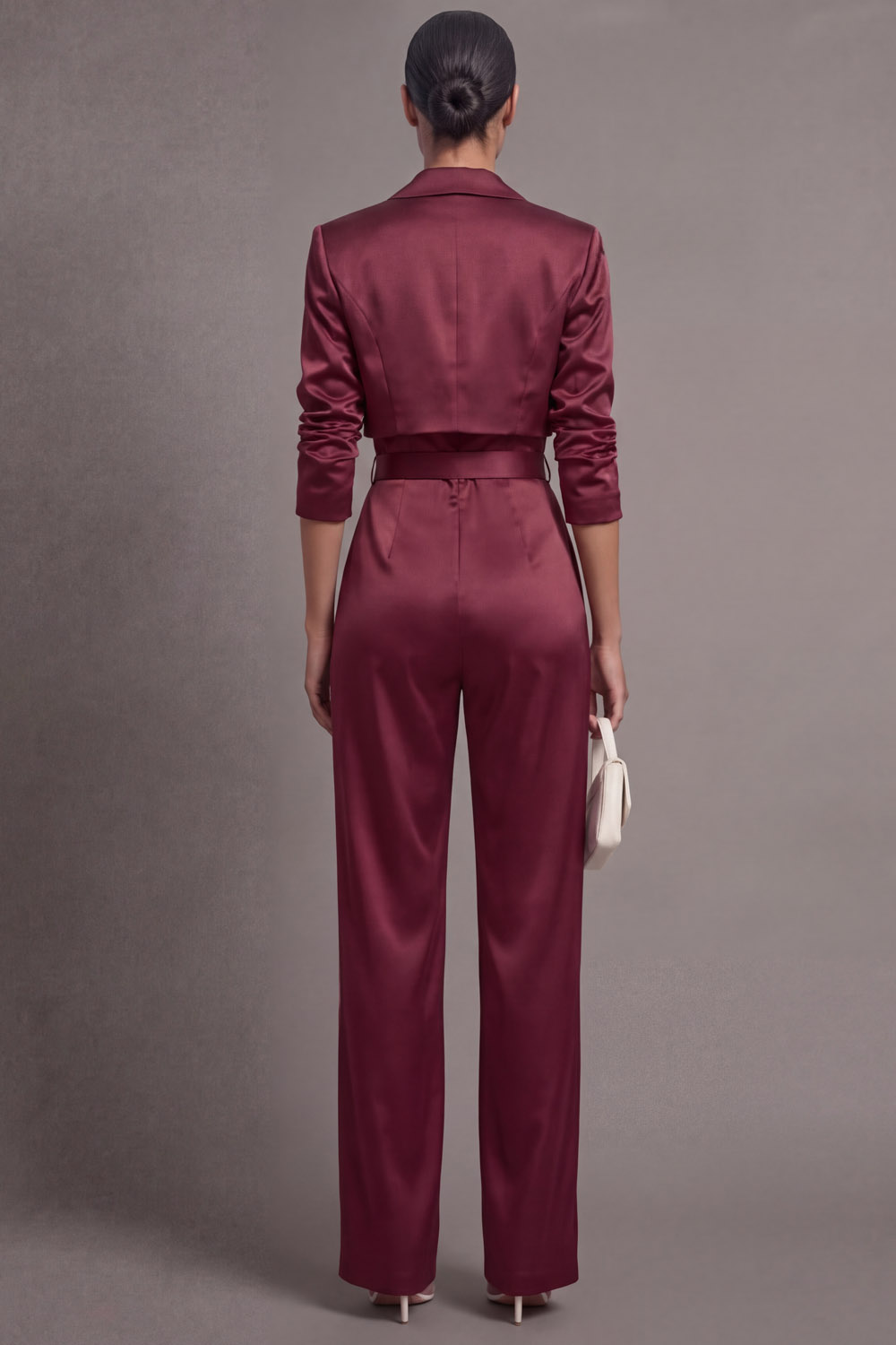 Burgundy Party Blazer Suit Sets Lapel Long Sleeve Jumpsuit Pants